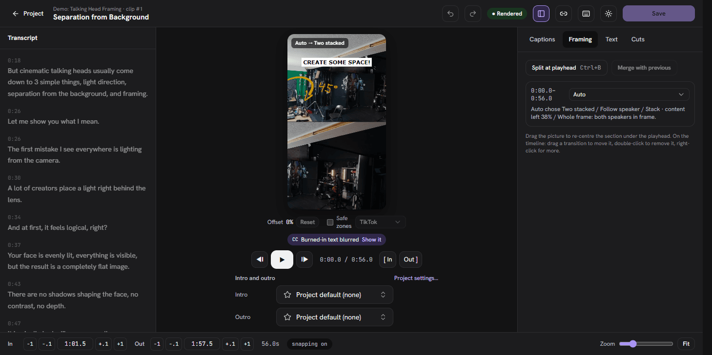 Clip editor with a live 9:16 preview, captions panel and multi-lane timeline