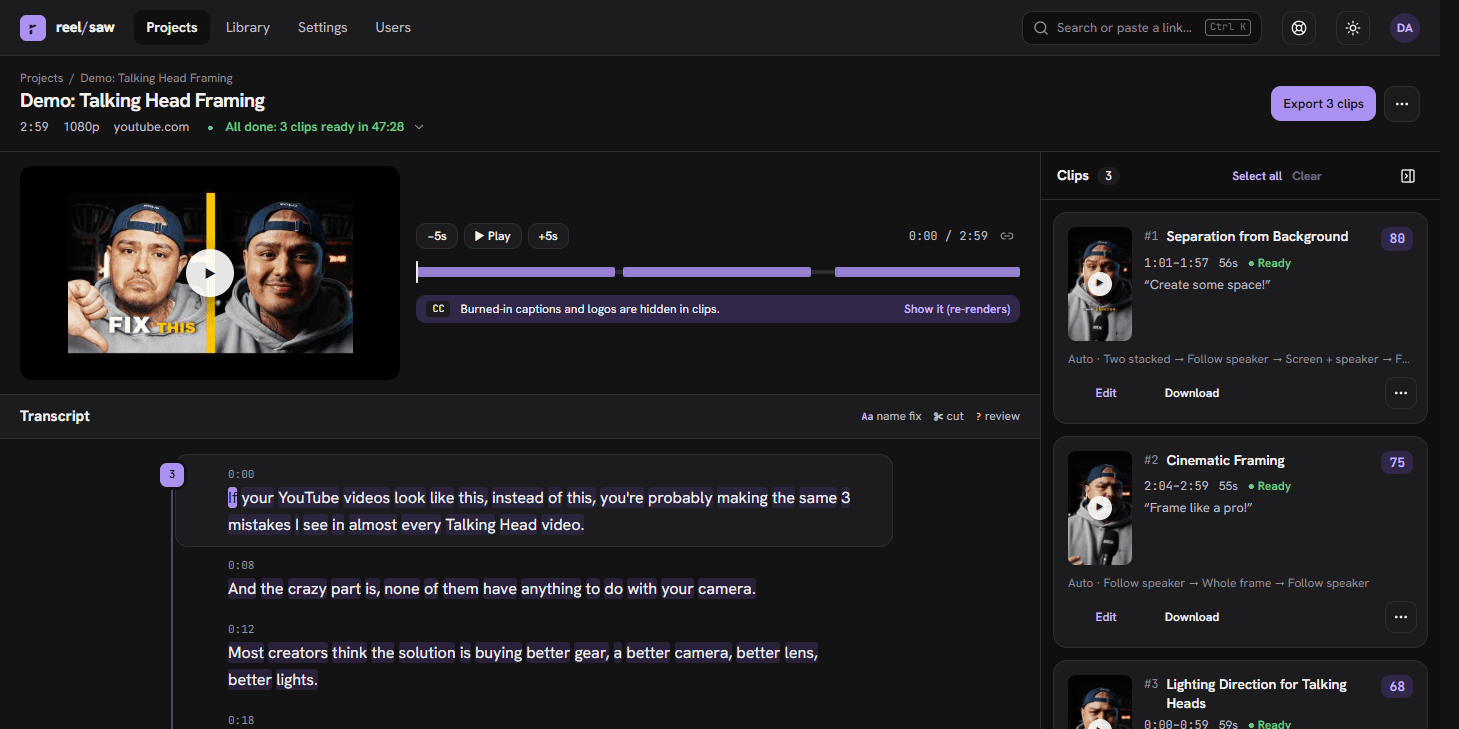 Reelsaw project workspace: source player and clickable transcript on the left, rendered vertical clips with scores and layout badges on the right